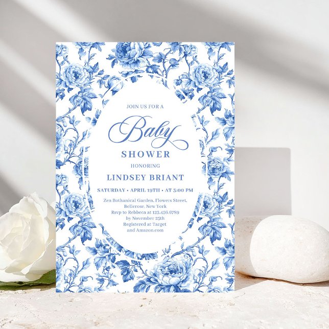 Elegant Blue Toile Rose Floral Baby Shower Invite Einladung (Elegant Blue Toile Rose Floral Baby Shower Invitation)