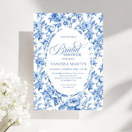 Elegant Blue Toile Rose Floral Bridal Shower Invit Einladung