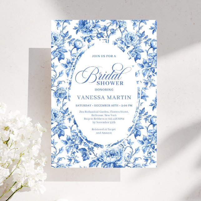 Elegant Blue Toile Rose Floral Bridal Shower Invit Einladung (Elegant Blue Toile Rose Floral Bridal Shower Invitation)