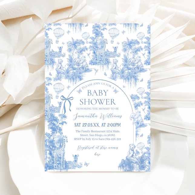 Elegant Blue Toile Safari Baby Shower Einladung (Von Creator hochgeladen)