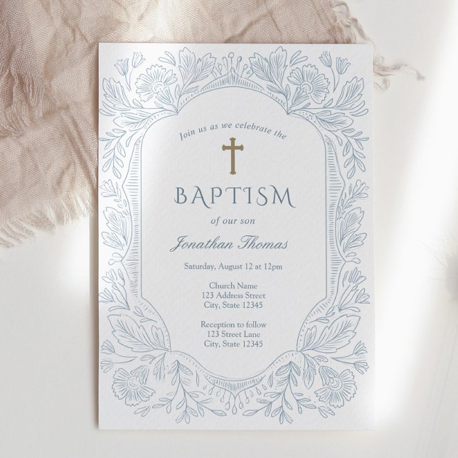 Elegant Blue Traditional Baptism Invitation Einladung (Von Creator hochgeladen)