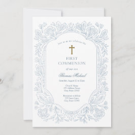 Elegant Blue Traditional First Communion Einladung