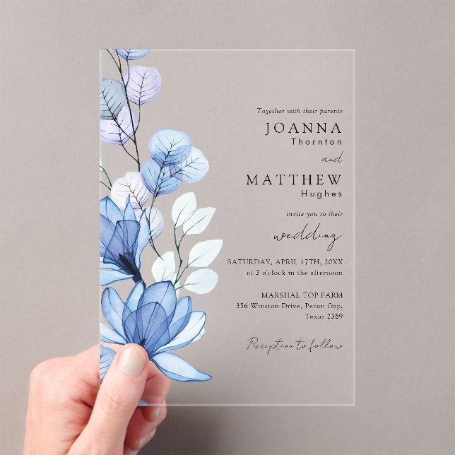 Elegant Blue Transparent Floral Wedding Acryleinladungen (Insitu (Handheld))