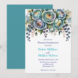 Elegant Blue Turquoise Floral Wedding Celebration Einladung