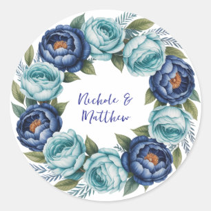 Elegant Blue Turquoise Floral Wedding Runder Aufkleber