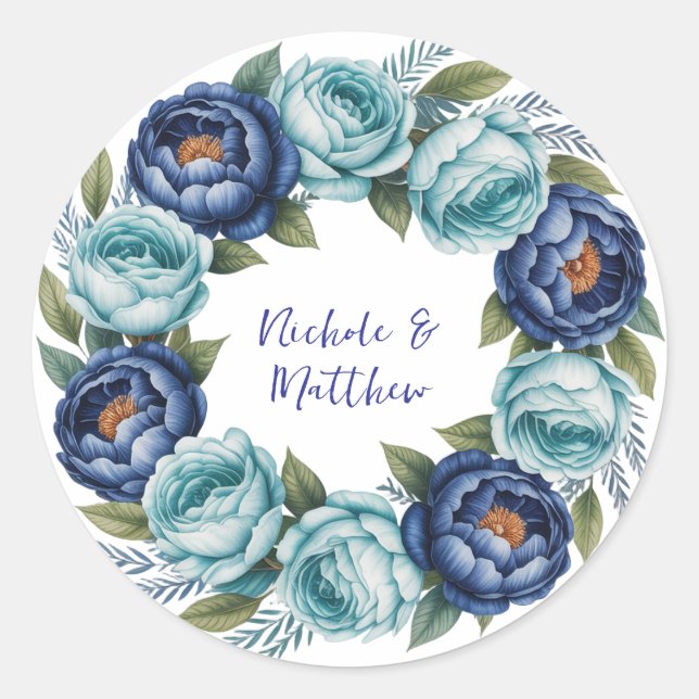 Elegant Blue Turquoise Floral Wedding Runder Aufkleber (Vorderseite)