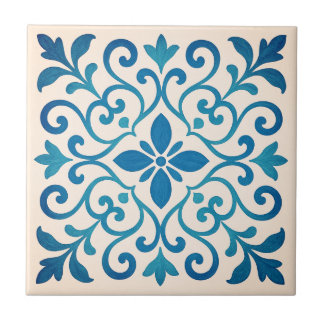 Elegant Blue & Turquoise Mediterranean Floral V2 Fliese