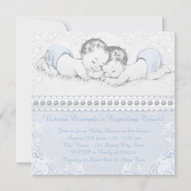 Elegant Blue Twin Boy Baby Shower Einladung (Vorderseite)