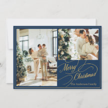 Elegant Blue Two Photo Merry Christmas