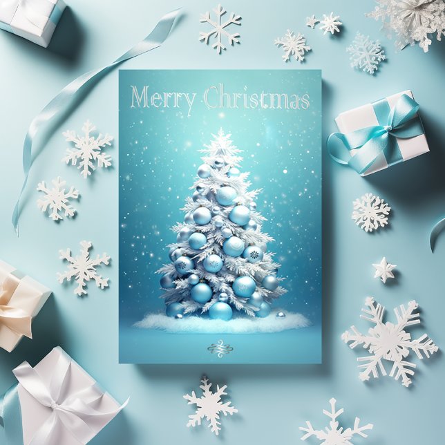 Elegant Blue und Silver Christmas Tree Holiday Postkarte (Whimsical Blue and Silver Winter Wonderland Christmas Tree Merry Christmas Holiday Postcard)