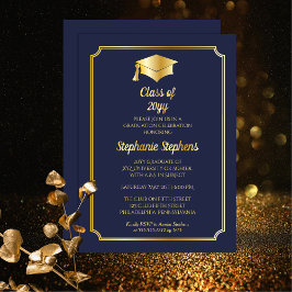 Elegant Blue University Graduation Party Gold Folieneinladung