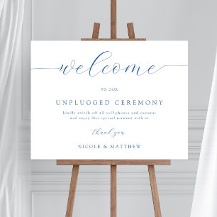 Elegant Blue Unplugged Wedding Welcome Sign Poster
