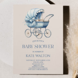 Elegant Blue Vintag Baby Carriage Baby Shower Einladung