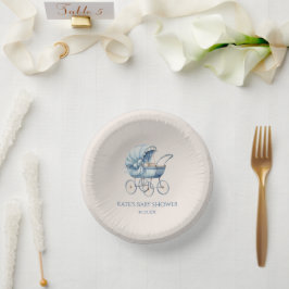 Elegant Blue Vintag Baby Carriage Baby Shower Pappteller