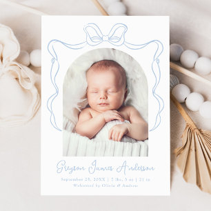 Elegant Blue Vintag Bow Foto Birth Ankündigung