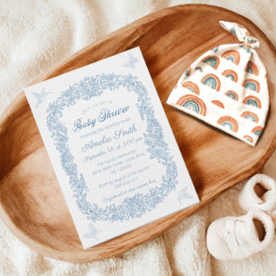 Elegant Blue Vintag Floral Baby Shower Einladung