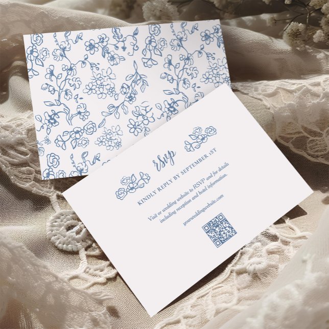 Elegant Blue Vintag Viktorianische Blumenhochzeit RSVP Karte (Von Creator hochgeladen)