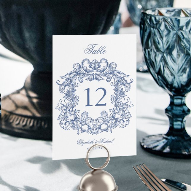 Elegant Blue Vintag Wappen Script Wedding Tischnummer (Von Creator hochgeladen)