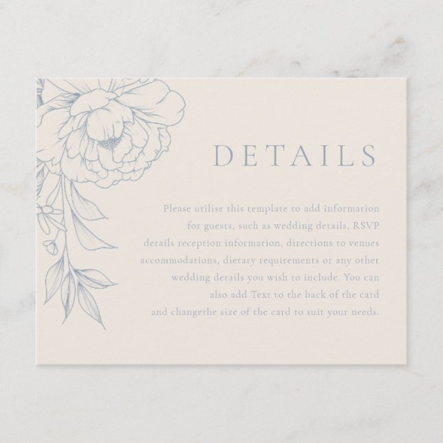 Elegant Blue Vintage Floral Wedding Details Begleitkarte (Vorderseite)