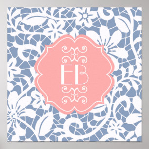 Elegant Blue Vintage Lace Personalized Monogram Poster