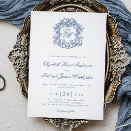 Elegant Blue Vintage Monogram Crest Wedding Einladung