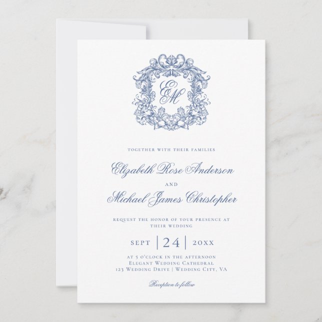 Elegant Blue Vintage Monogram Crest Wedding Einladung (Vorderseite)