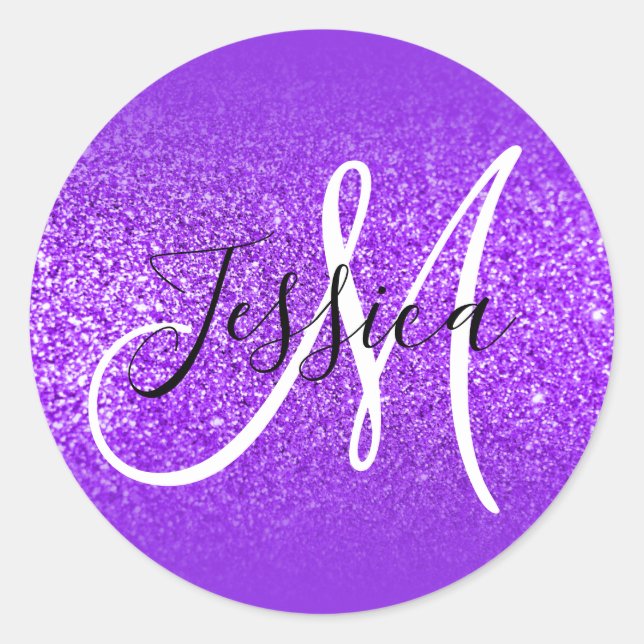 Elegant Blue Violet Ombre Glitzer Monogram Runder Aufkleber (Vorderseite)