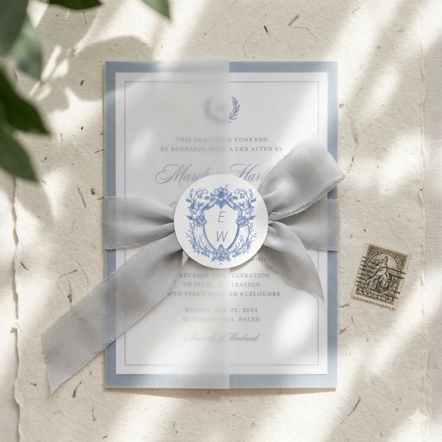Elegant Blue Wappen Monogram Wedding Runder Aufkleber (Von Creator hochgeladen)