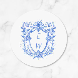 Elegant Blue Wappen Monogram Wedding Runder Aufkleber