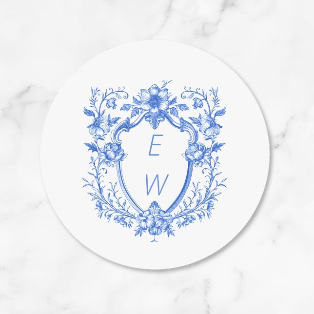 Elegant Blue Wappen Monogram Wedding Runder Aufkleber (Elegant Blue Crest Monogram Wedding Classic Round Stickers)