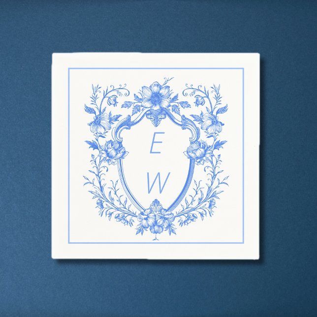 Elegant Blue Wappen Monogram Wedding Serviette (Elegant Blue Crest Monogram Wedding Napkins)