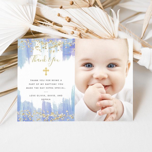 Elegant Blue Watercolor and Gold | Photo Baptism Dankeskarte (Von Creator hochgeladen)