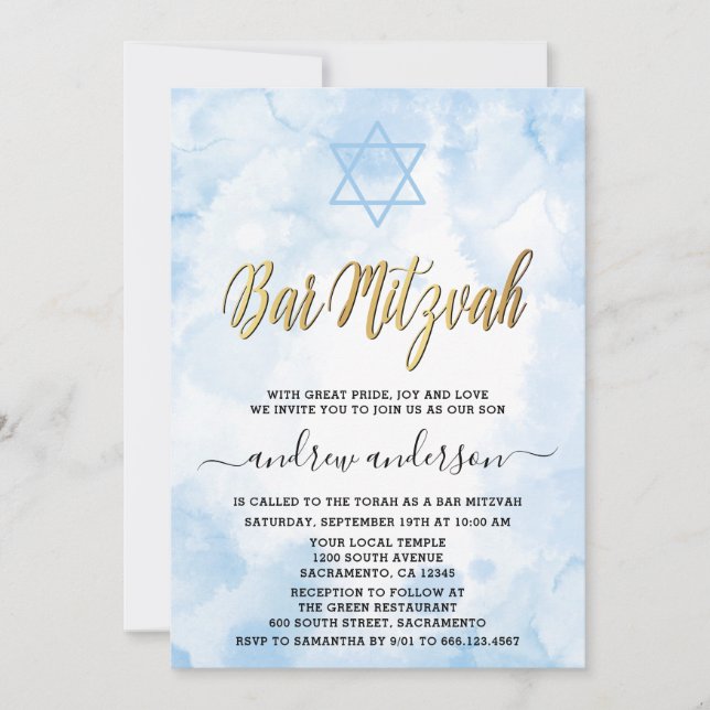 Elegant Blue Watercolor Bar Mitzvah Einladung (Vorderseite)