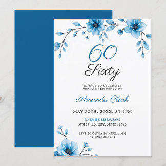 Elegant Blue Watercolor Floral 60. Geburtstag Einladung