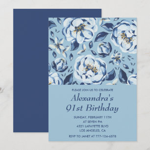 Elegant Blue Watercolor Floral 91. Geburtstag Einladung