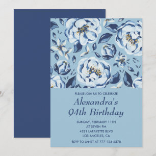 Elegant Blue Watercolor Floral 94. Geburtstag Einladung