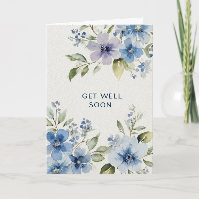 Elegant Blue Watercolor Floral Get Well Soon Karte (Vorderseite)