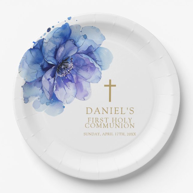 Elegant Blue Watercolor Floral Heilige Kommunion Pappteller (Vorderseite)