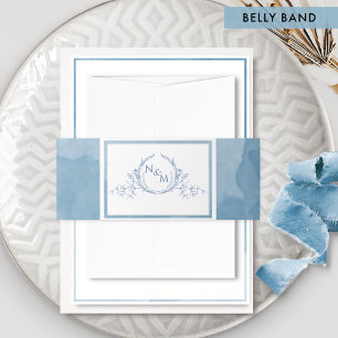 Elegant Blue Watercolor, Monogram Wedding Invitati Einladungsbanderole