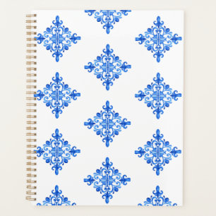 Elegant Blue Watercolor Portugiesische Tile Floral Planer