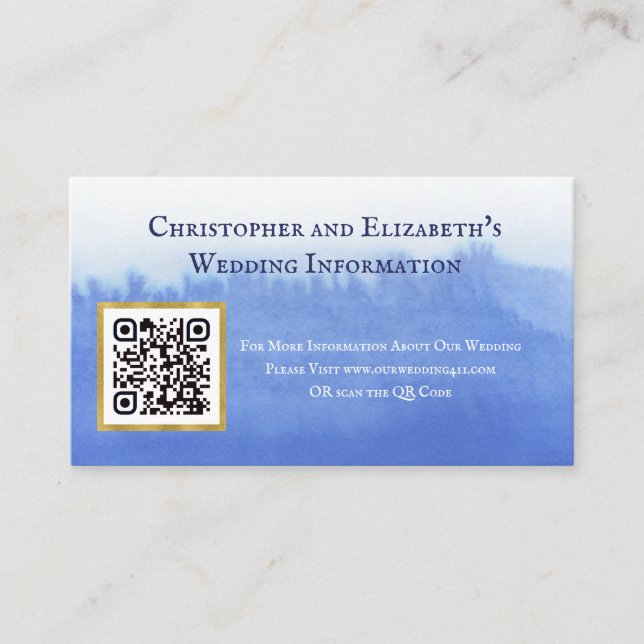 Elegant Blue Watercolor QR Code Website Hochzeit Visitenkarte (Vorderseite)