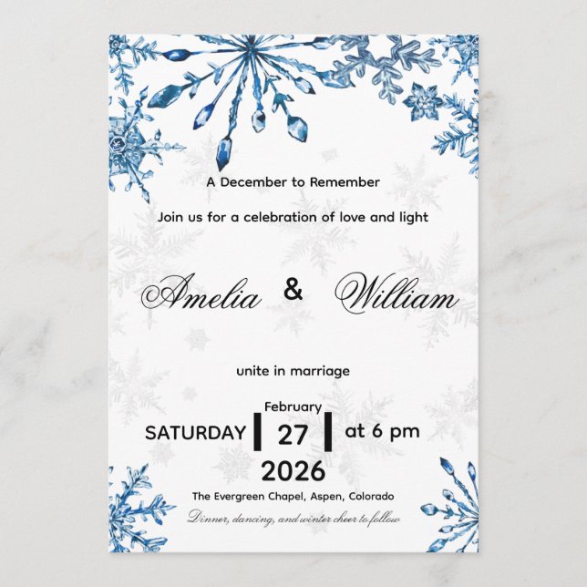 Elegant Blue Watercolor Snowflake Wedding Invite Einladung (Vorderseite)