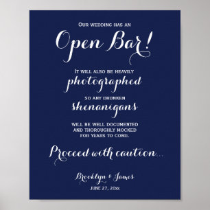 Elegant Blue Wedding Open Bar Sign 8x10 Poster