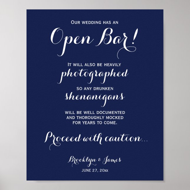 Elegant Blue Wedding Open Bar Sign 8x10 Poster (Vorne)
