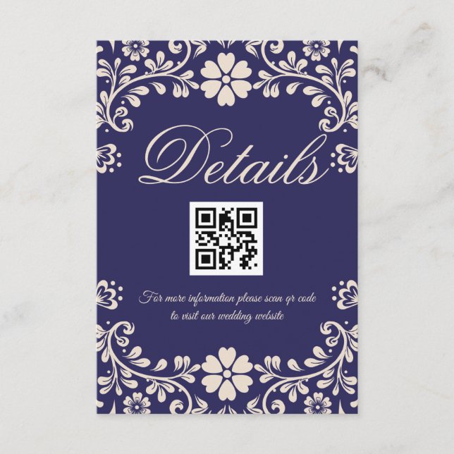 Elegant Blue Wedding Qr code Details Begleitkarte (Vorderseite)