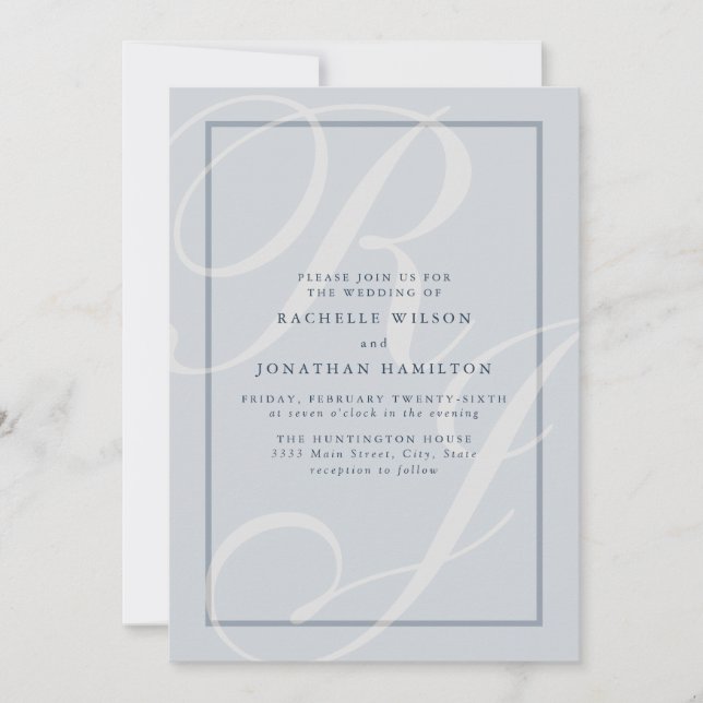 Elegant Blue Wedding Script Monogram Einladung (Vorderseite)