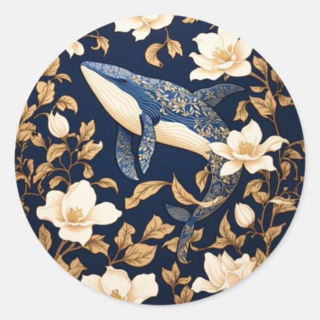 Elegant Blue Whale William Morris Inspiriert Runder Aufkleber (Vorderseite)