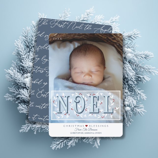 Elegant Blue White Baby's First Christmas Card Karte (Shown on a 5" x 7" card with rounded corners)