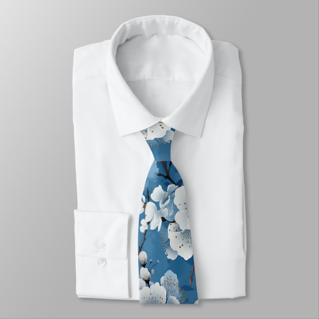 Elegant Blue White Blossom Work Wedding Neck Krawatte (Gebunden)