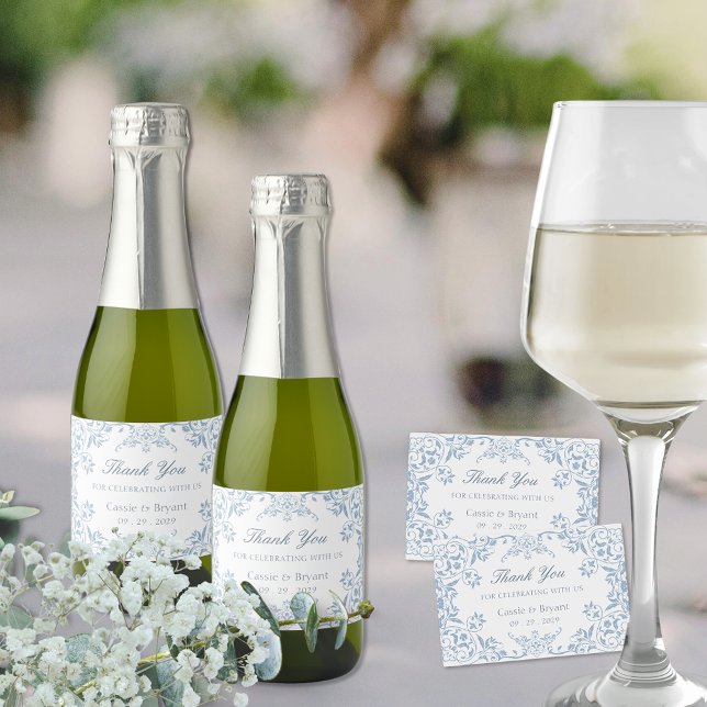 Elegant Blue White Chinoiserie Wedding Vielen Dank (elegant blue and white thank you labels for wedding wine or champagne bottles for vintage chic event)